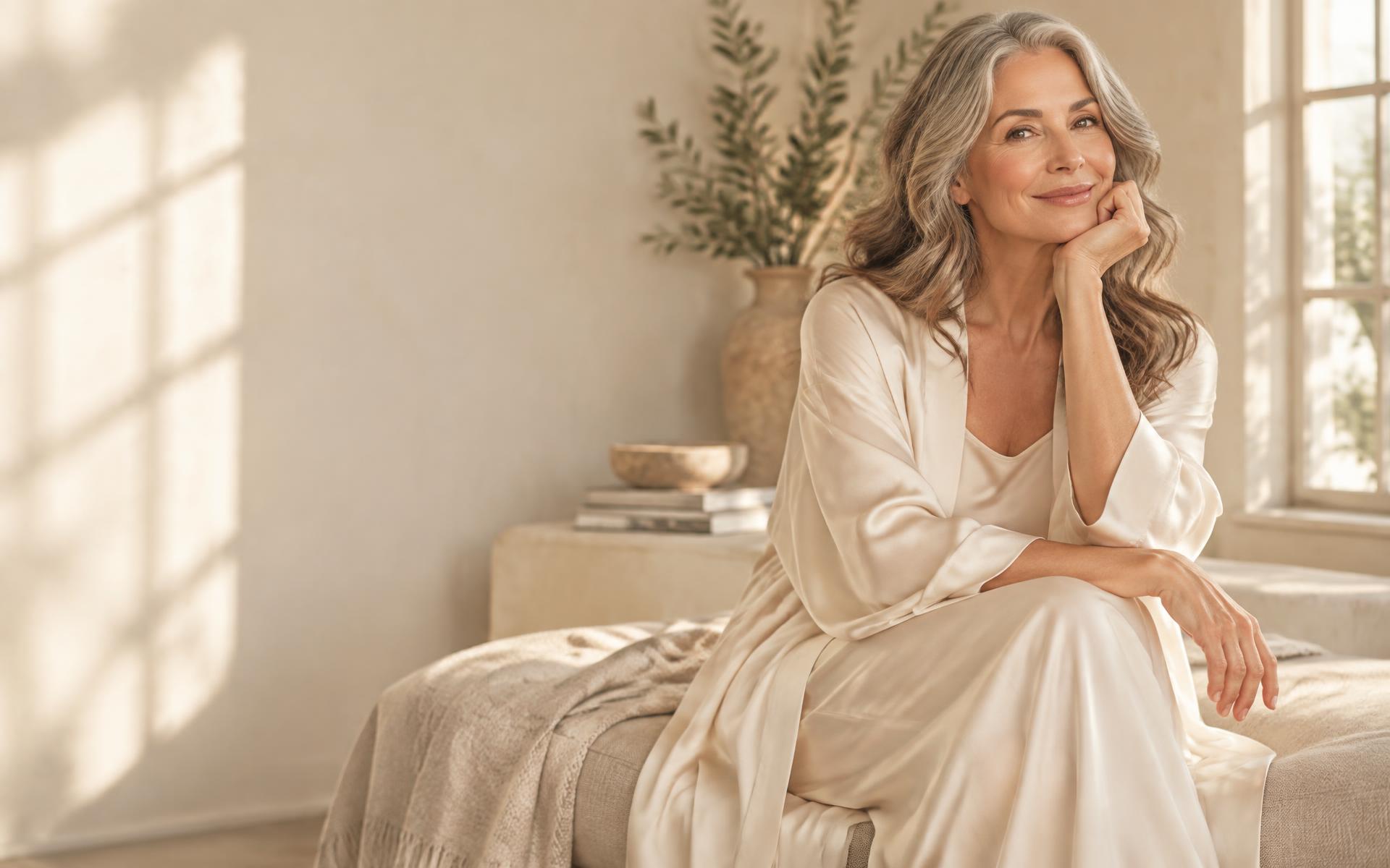 A woman resting in warm morning light, wearing an ivory silk robe